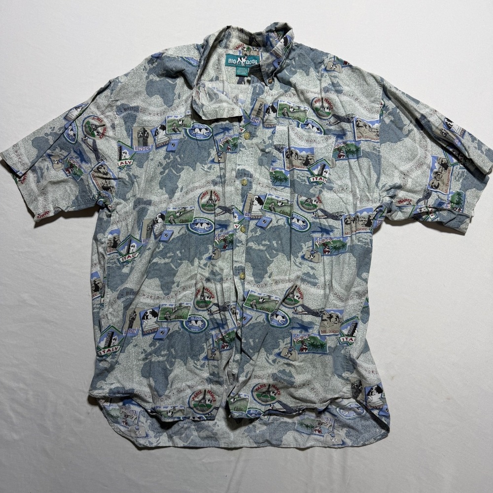 Big Dogs World Tour Shirt Mens XL All Over Print Button Up Vintage 90s Cotton
